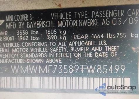 2009 Mini Cooper S z USA, uszkodzony, nr VIN WMWMF73589TW85499